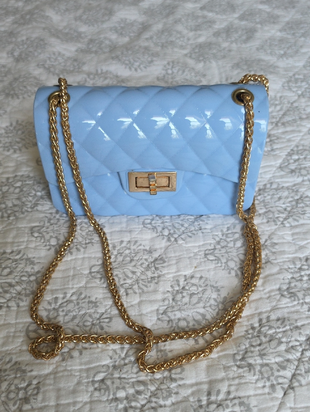 Light Blue Jelly Quilted Shoulder Bag with Gold Chain